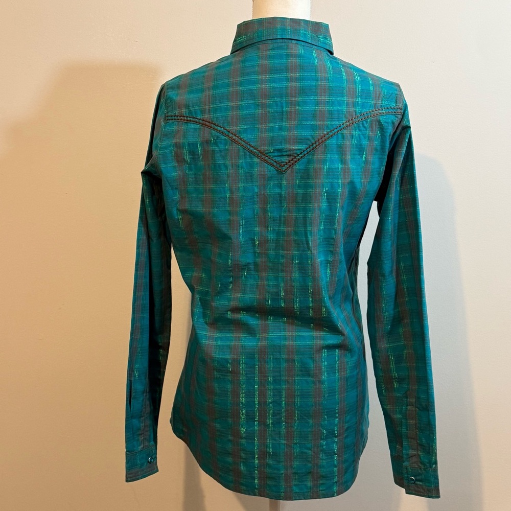 Rock 47 by Wrangler Teal Plaid Western Snap Button Shirt — Size Medium - Picture 6 of 11
